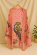 Peach Peacock Printed Unstitched Suit Set with Dupatta